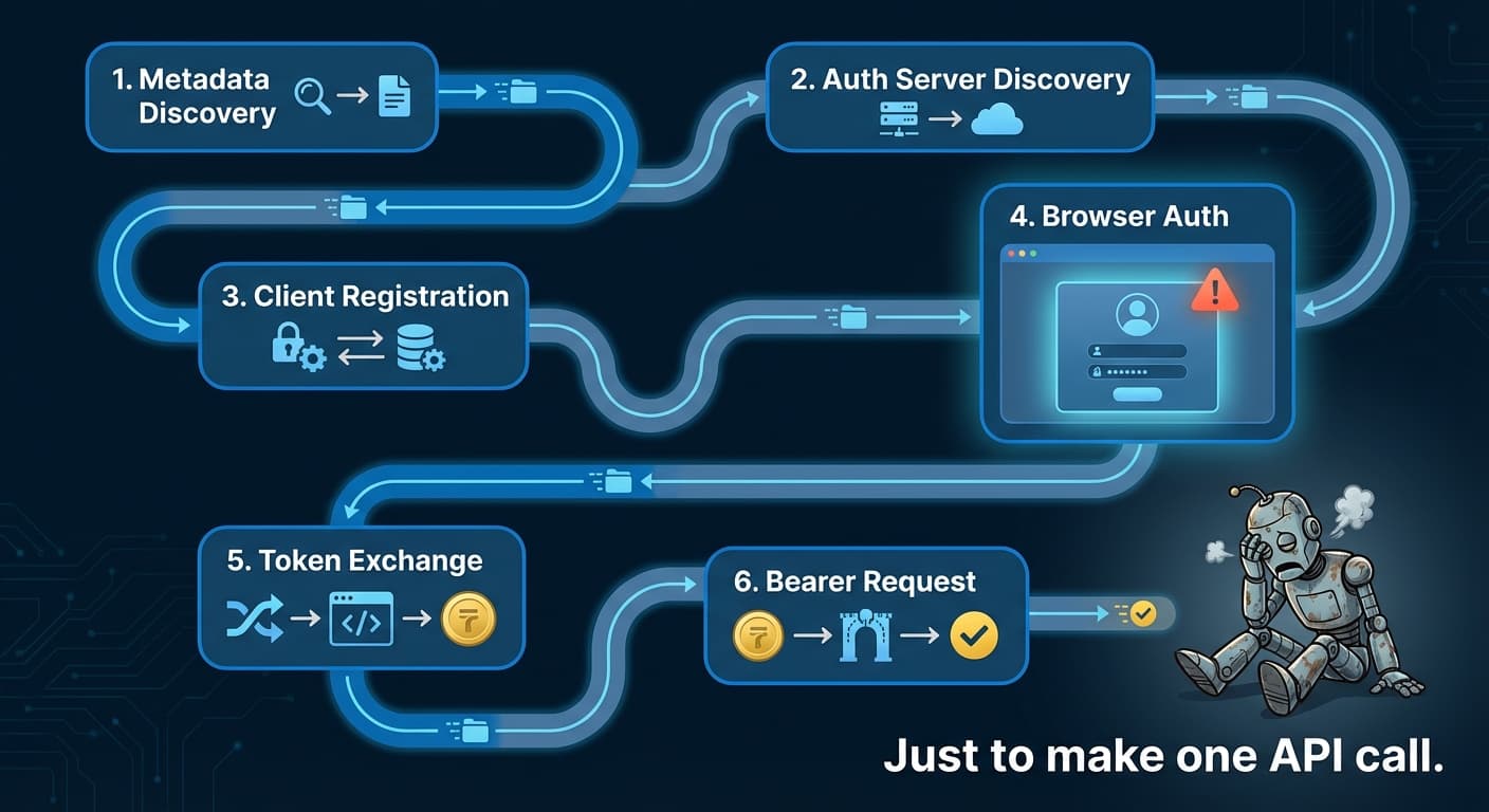 The MCP OAuth 2.1 flow: metadata discovery, auth server discovery, client registration, user authorization, token exchange, and finally making requests. All this just to call one API.