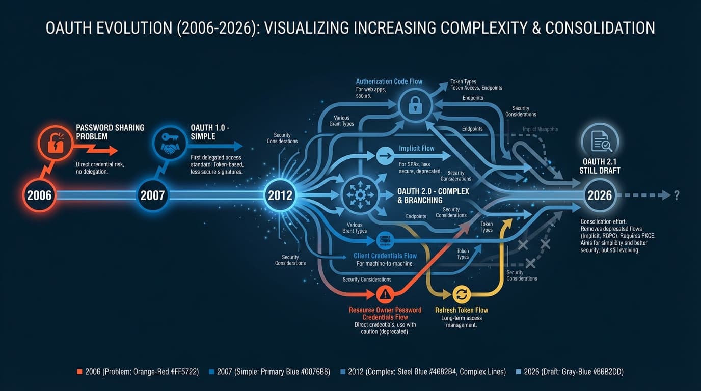 OAuth's evolution: from simple delegation in 2006 to a complexity explosion by 2012. OAuth 2.1 is still a draft specification, 14 years later.
