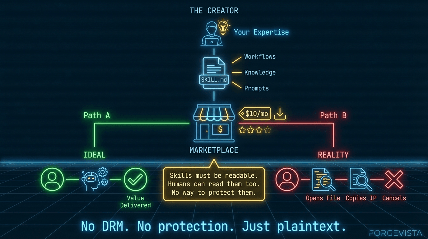 The IP exposure problem — skills must be readable by the model, which means they're readable by everyone.