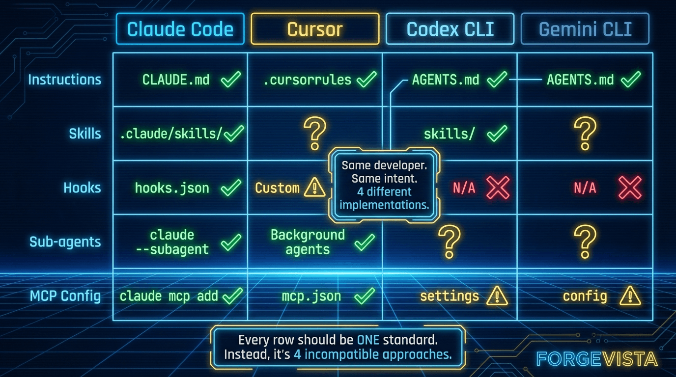 The primitives table — every harness implements the same features differently.