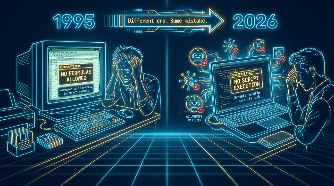 1995: 'No formulas allowed.' 2026: 'No script execution allowed.' Different era, same mistake.