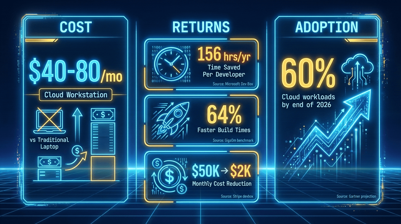 From $20/mo for 156 hours saved, 64% faster builds, and $50K→$2K cost reduction.