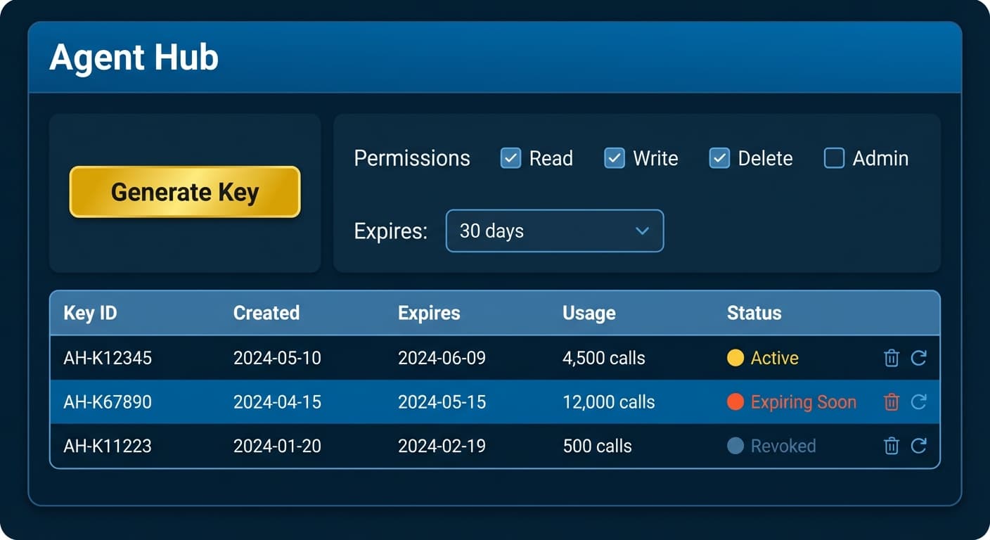 What an Agent Hub should look like: Admin Access, Full User Access (one click), and Custom Scoped Access — all in settings, not a developer portal.