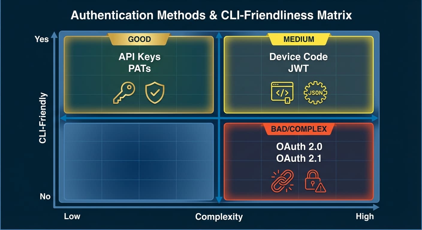 The auth landscape mapped: API keys and PATs are the sweet spot for agents — CLI-friendly and low complexity. OAuth 2.0/2.1 is in the problematic zone: high complexity, not CLI-friendly.