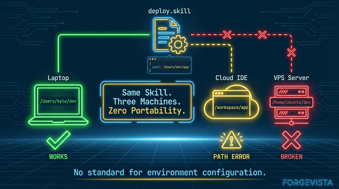 Same skill, same developer, three different results. The skill didn't break. The environment configuration layer doesn't exist.