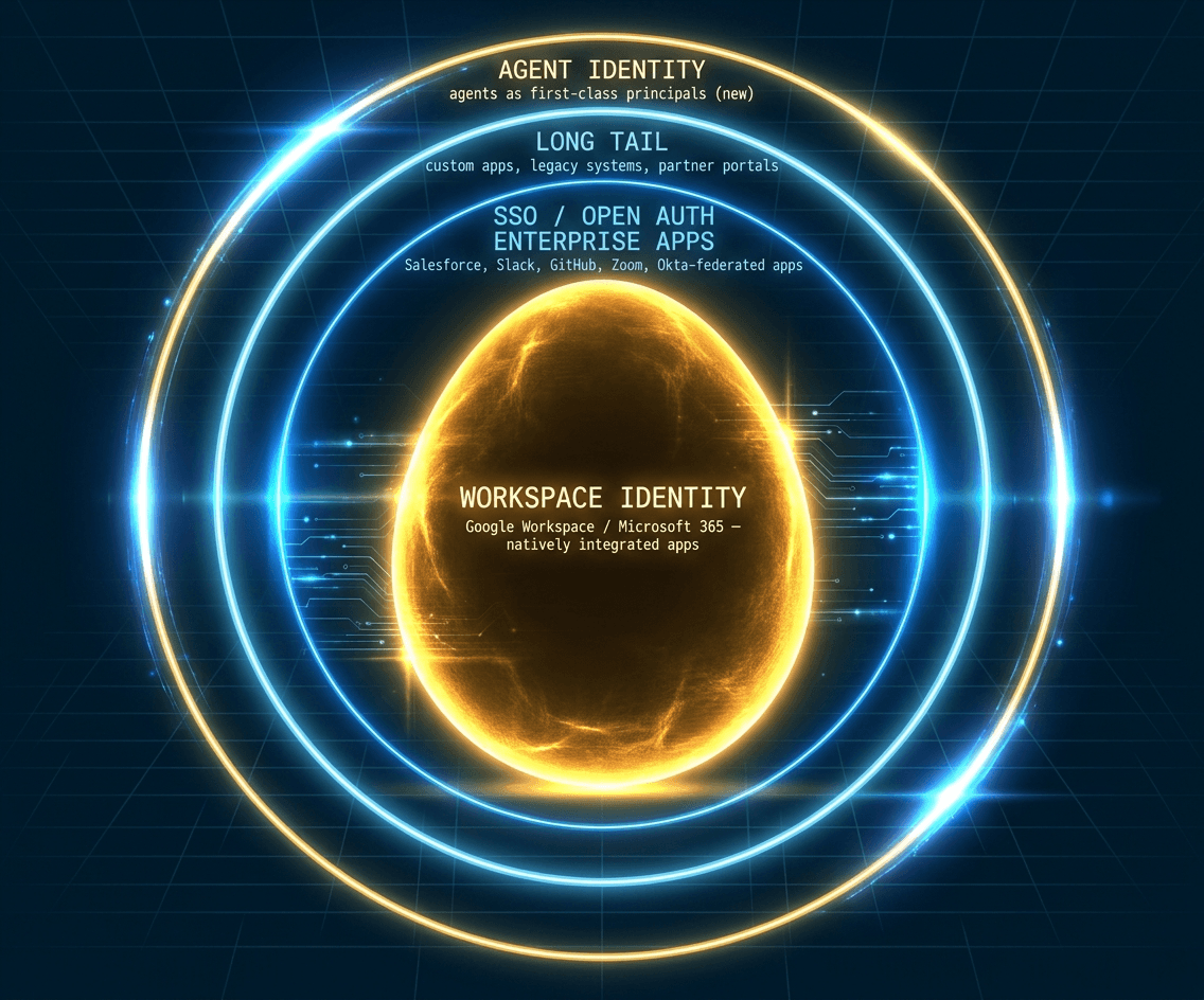 Glass as concentric circles of identity and access — workspace, bridges, legacy, and the new agent ring.